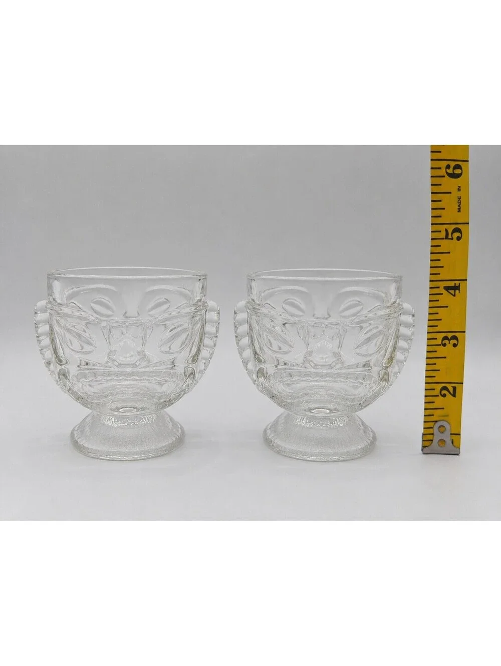 Vintage Indiana Glass Tiki Face Clear Footed Goblets Set of 2 Barware 1970s